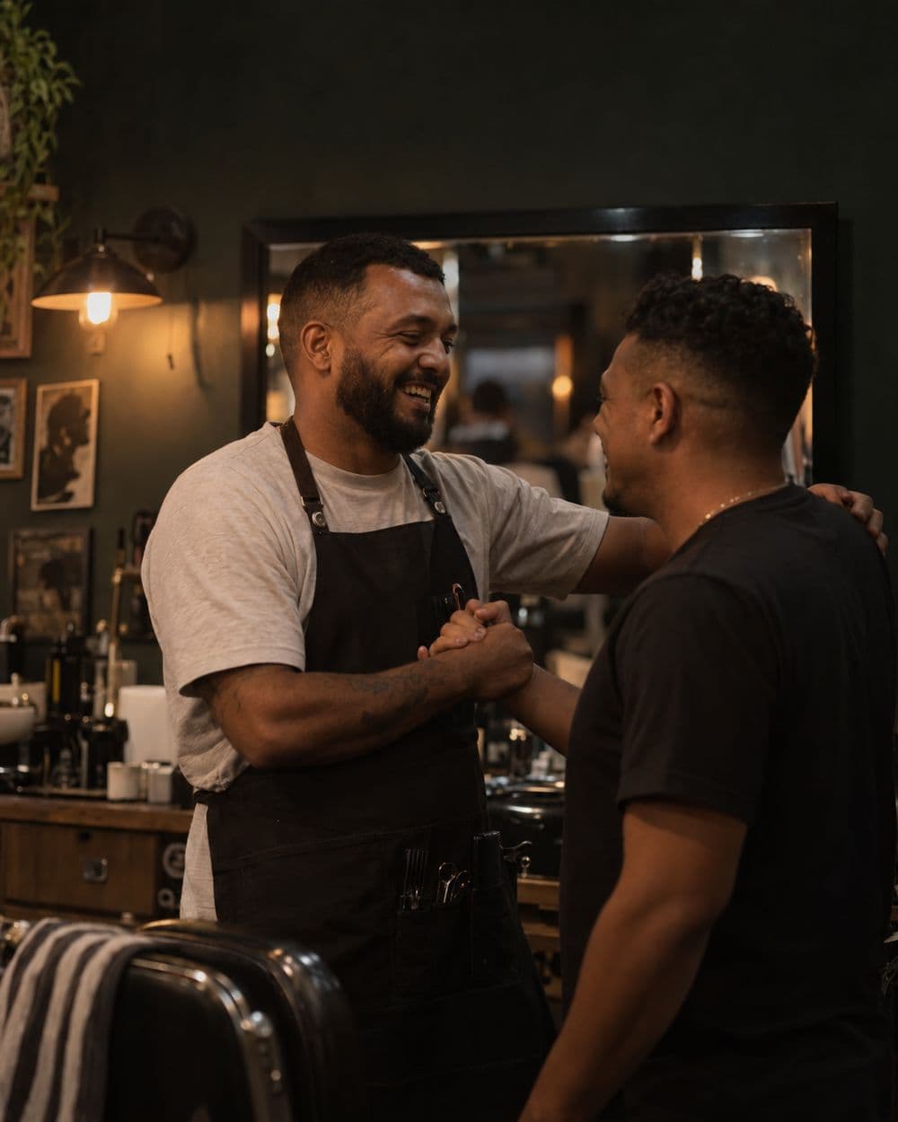 Barbeiro cumprimentando um cliente habitual na barbearia